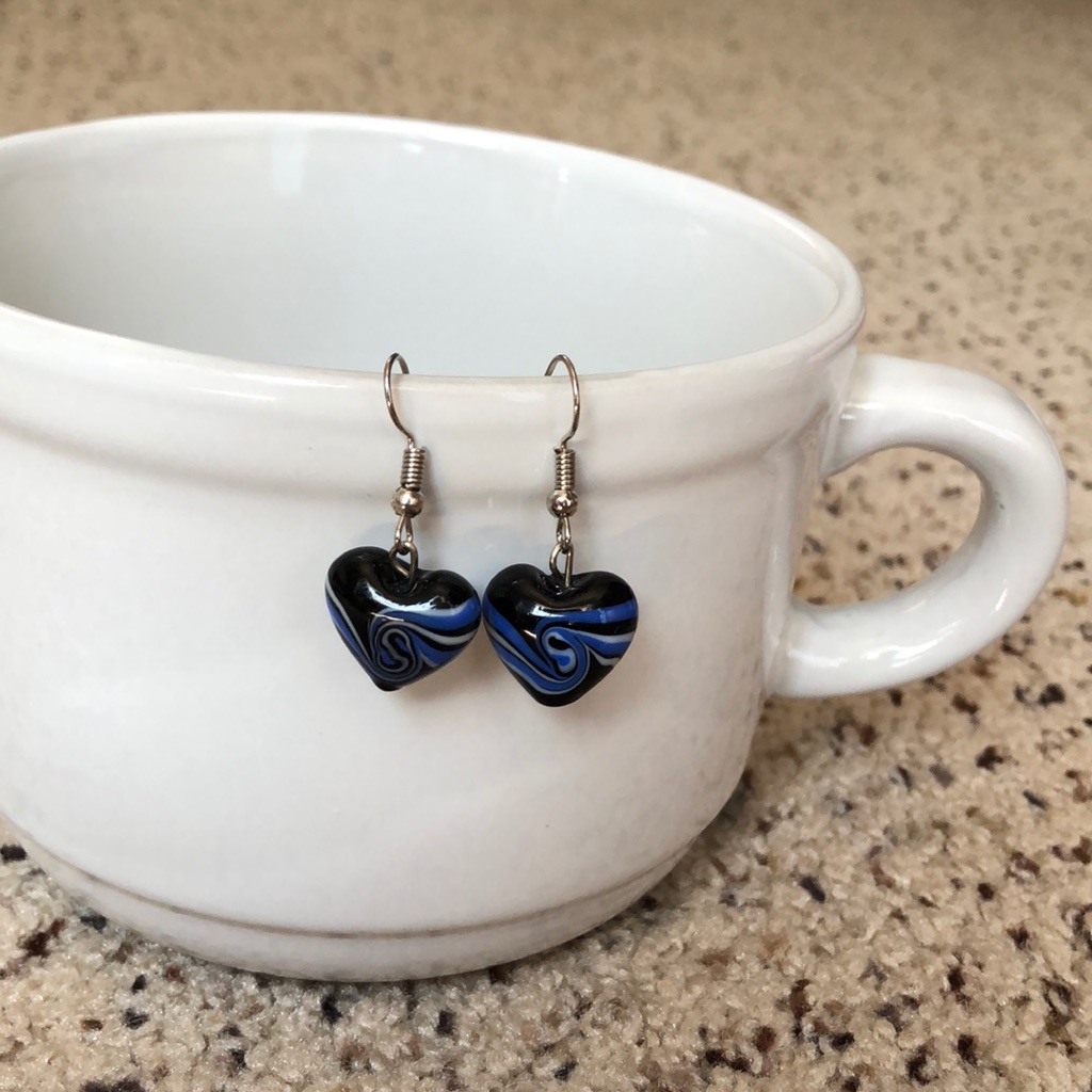 Beautiful Blue Black Swirl Dangle Heart Earrings 5$